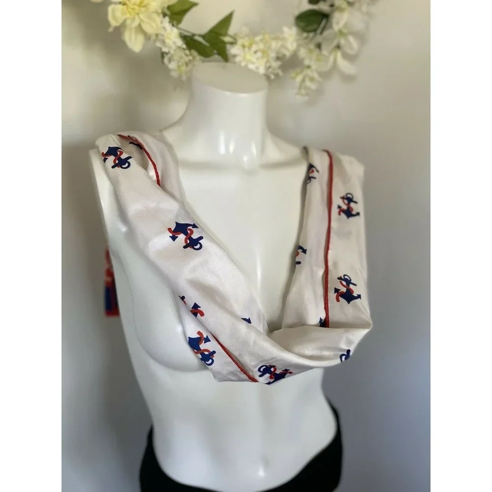 Vintage Nautical Americana Red White‎ Blue Scarf Anchors Silky Fabric 52